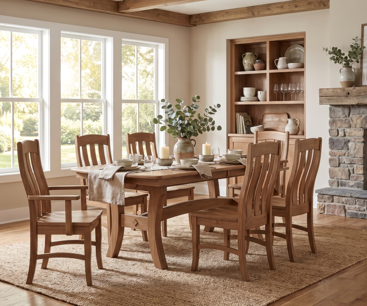 Warm American-made living room furniture arranged in a bright home