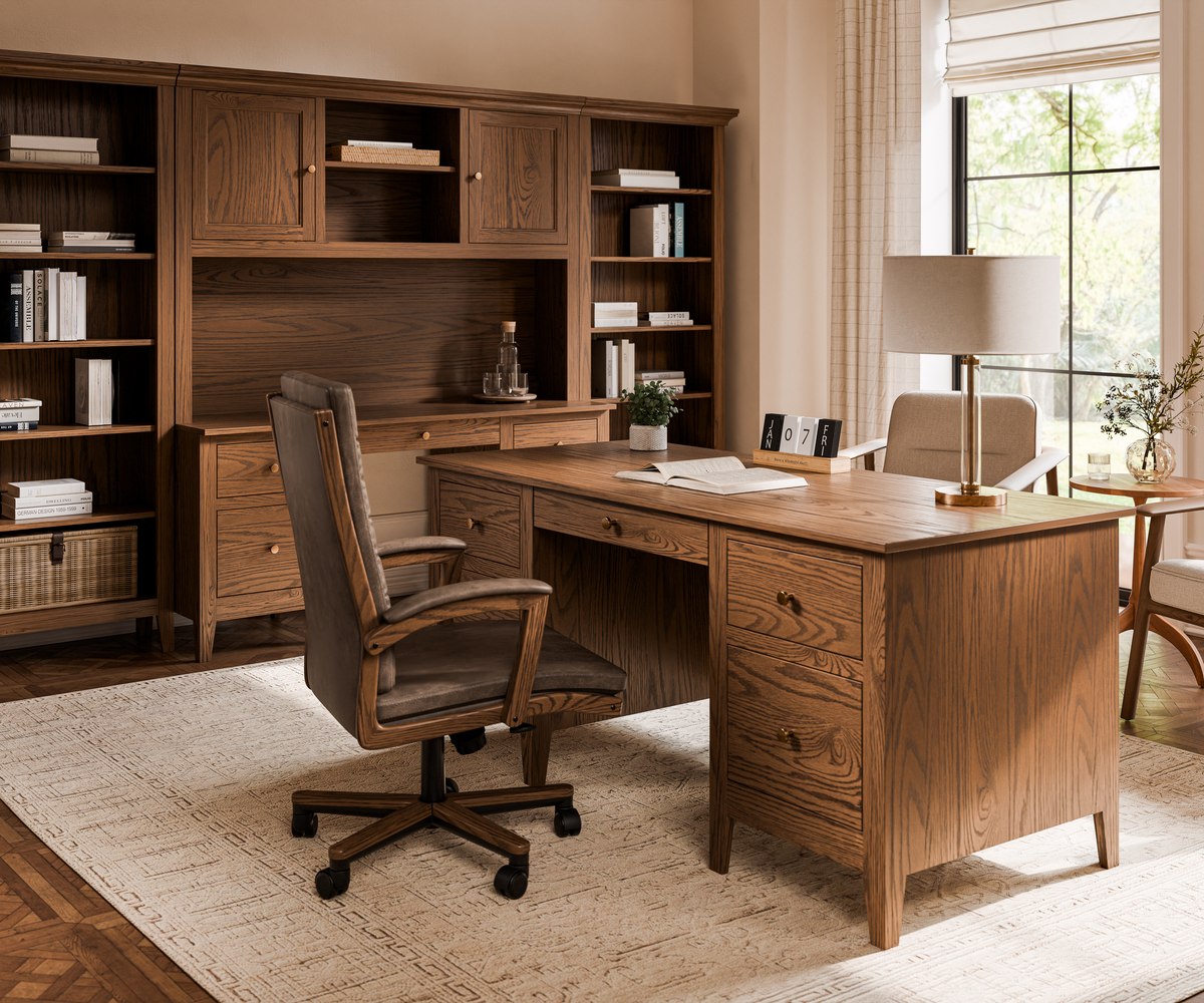 American-made wood desk and office furniture arranged in a bright home office.