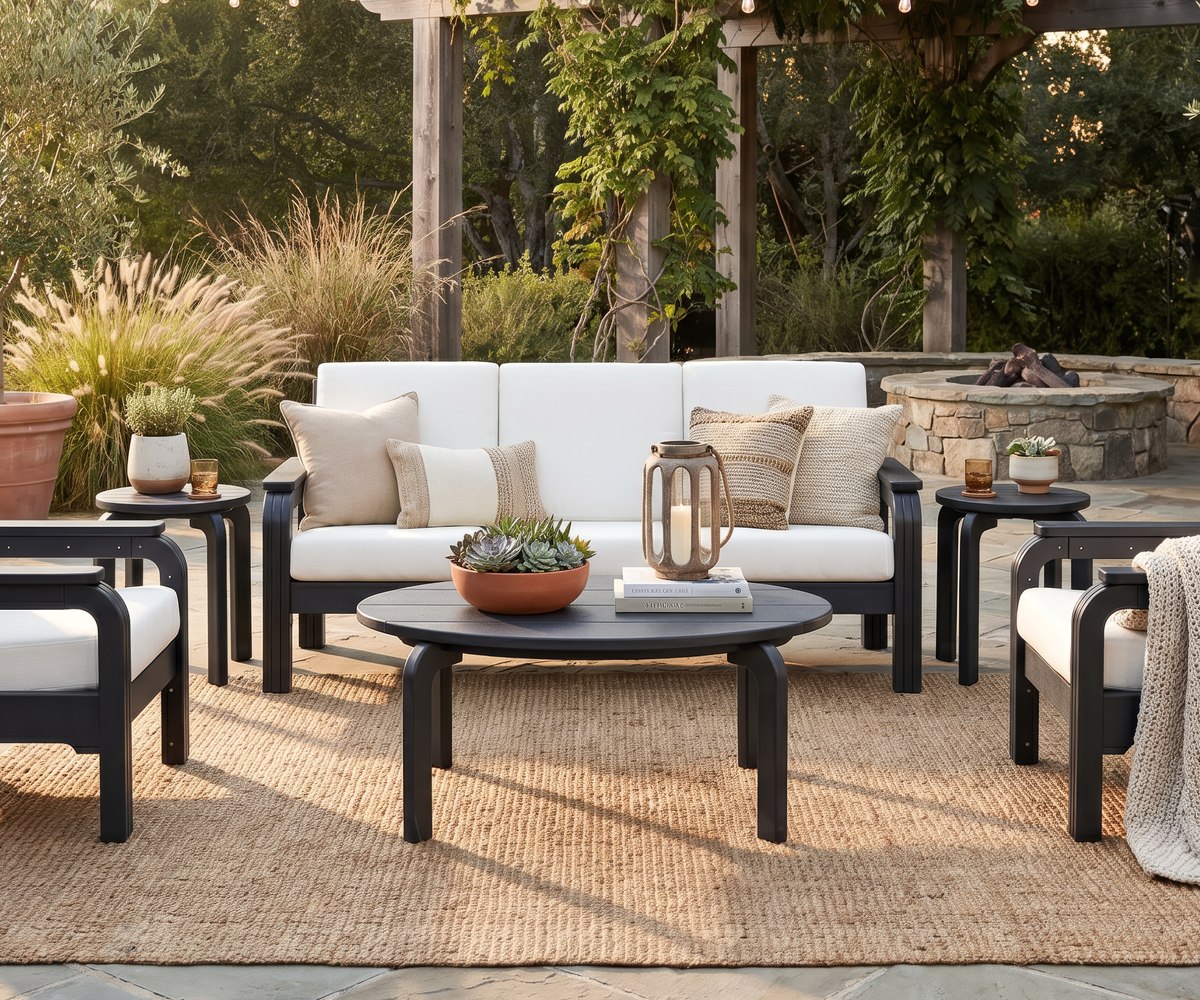 Outdoor patio seating arranged around a coffee table beside a stone fire pit.