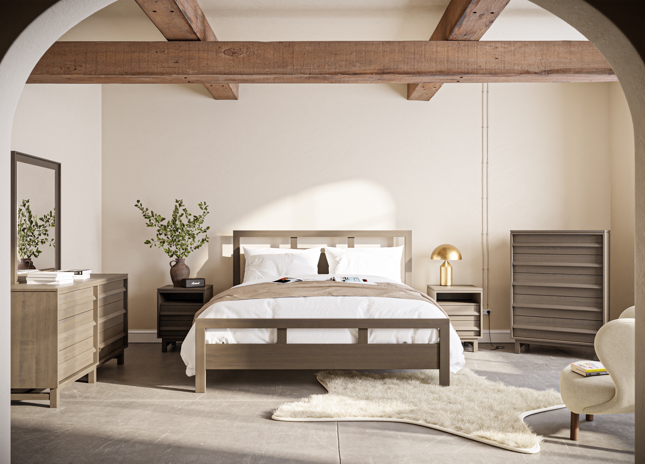 Warm modern bedroom furnished with a solid-wood bed, dresser, and nightstands.