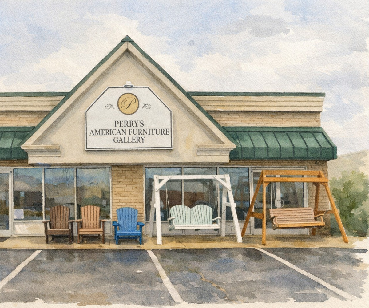 The storefront and colorful outdoor chairs at Perry's American Furniture Gallery.