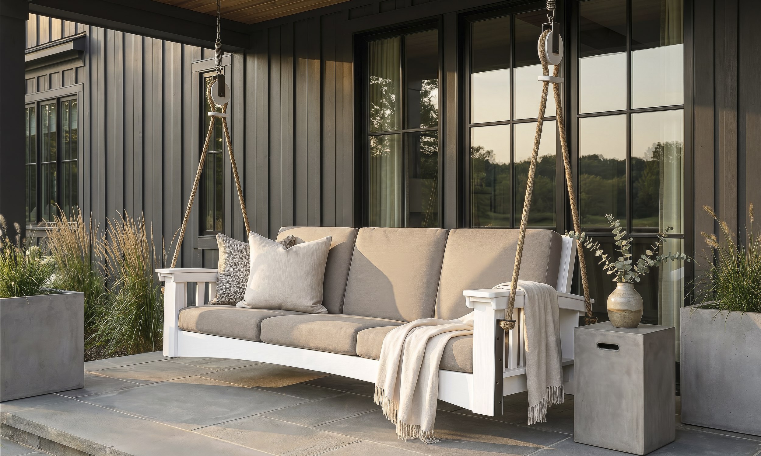 Outdoor patio seating arranged around a coffee table beside a stone fire pit.