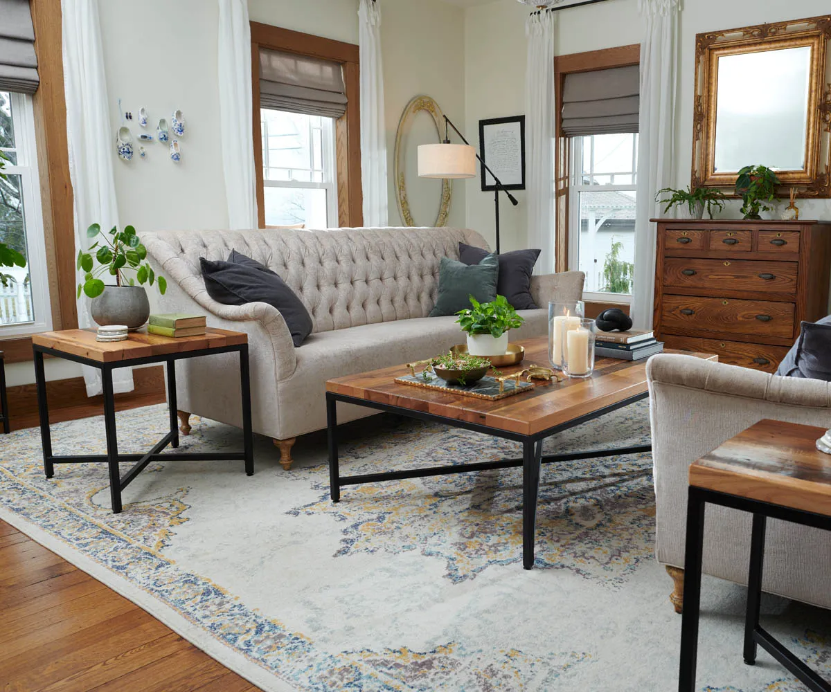 Warm American-made living room furniture arranged in a bright home