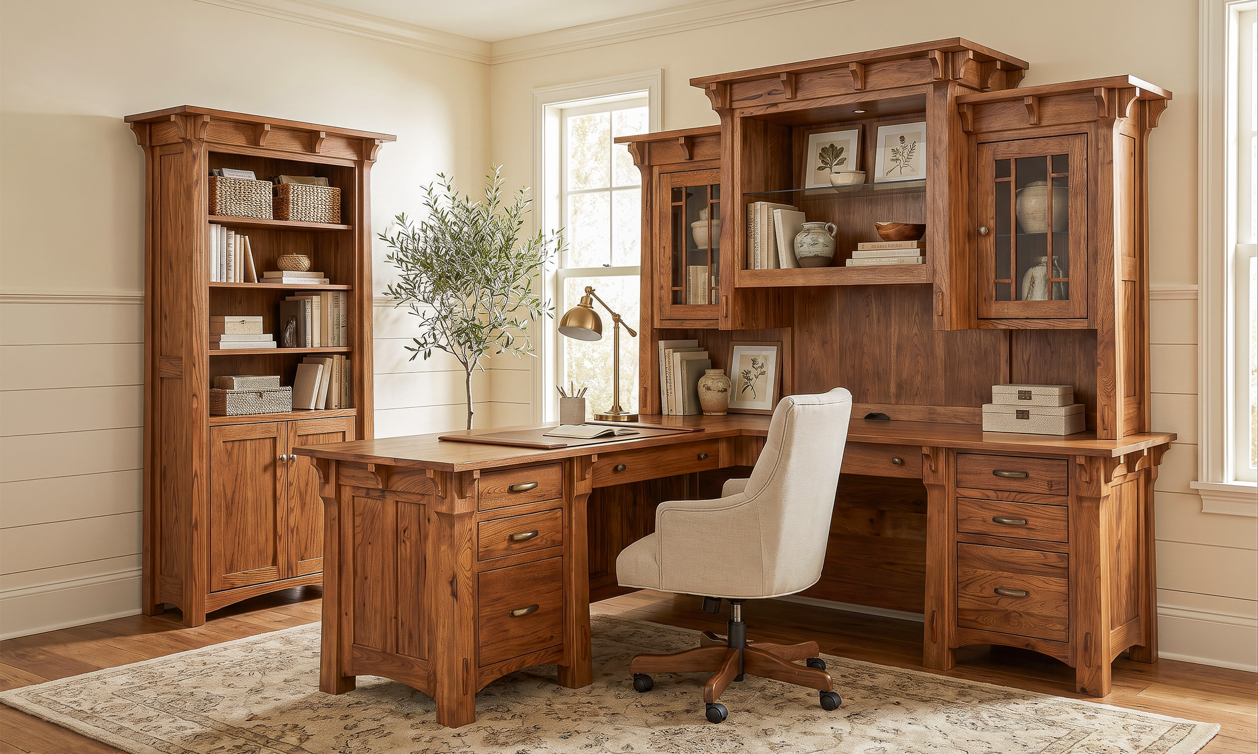 American-made wood desk and office furniture arranged in a bright home office.